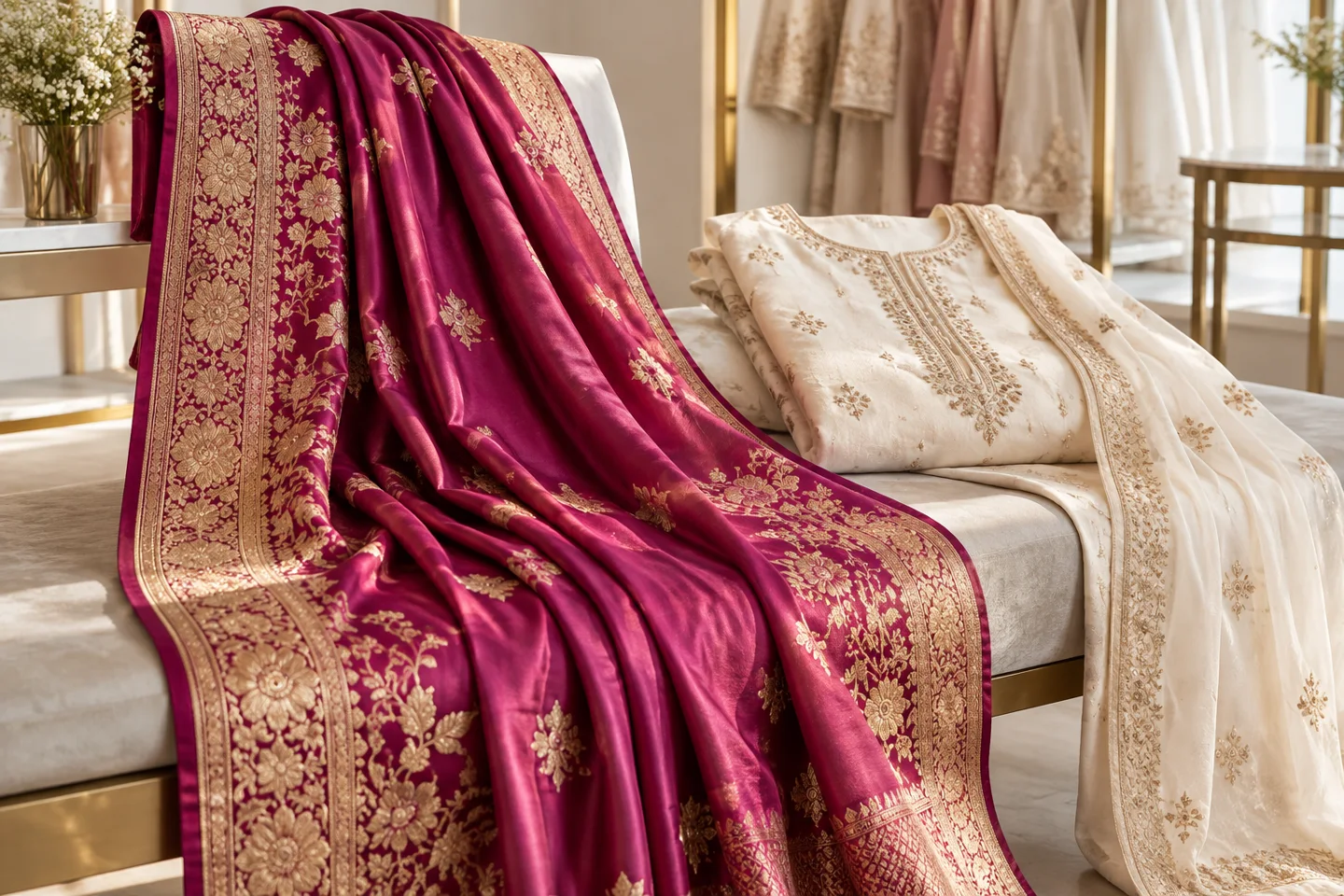 Magenta silk saree and cream ladies suit with delicate embroidery