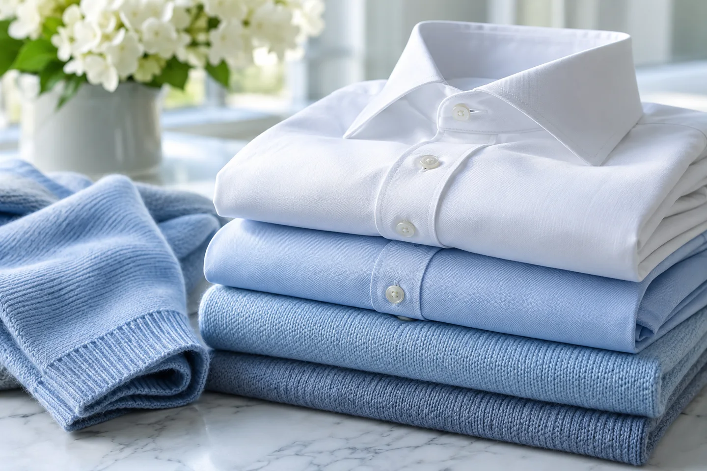 Neatly folded clean shirts and blue knitwear